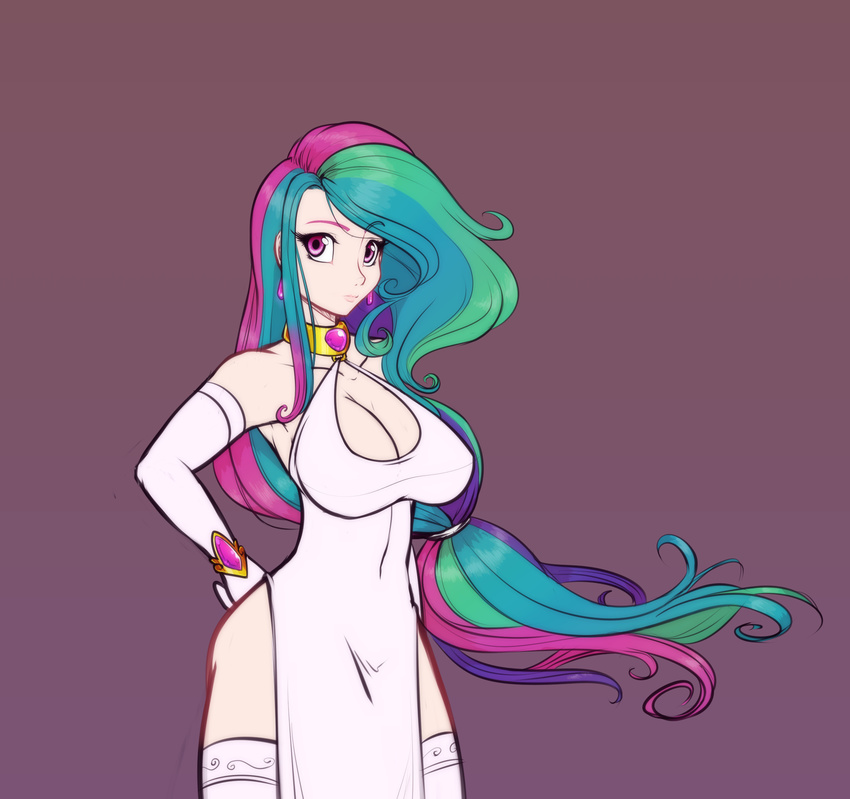 1girl bracelet breasts cleavage earring gloves gradient_background jewelry large_breasts long_gloves long_hair looking_at_viewer my_little_pony my_little_pony_friendship_is_magic pink_eyes princess_celestia scorpdk standing stockings