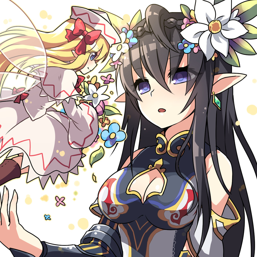 ahoge bare_shoulders black_hair blue_eyes boots bow braid breasts cleavage cleavage_cutout crossover dress earrings eyes_visible_through_hair fairy_wings flower hair_bow hair_flower hair_ornament hat highres jewelry kozakura_(dictionary) lily_white long_hair medium_breasts multiple_girls persephone_(p&amp;d) pointy_ears purple_eyes puzzle_&amp;_dragons smile touhou white_background wings