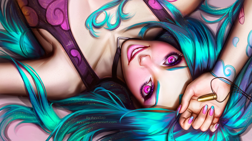 :d aqua_hair arm_up armpits artist_name ayya_saparniyazova bare_shoulders bullet collarbone dress eyebrows eyeshadow fingernails grin hand_on_forehead highres holding jewelry jewelry_removed jinx_(league_of_legends) league_of_legends long_fingernails long_hair looking_at_viewer looking_up lying makeup md5_mismatch nail_polish necklace necklace_removed on_back open_mouth palms pendant pink_eyes pink_lips pink_nails purple_dress signature sleeveless sleeveless_dress smile solo tattoo teeth thick_eyebrows upside-down watermark web_address