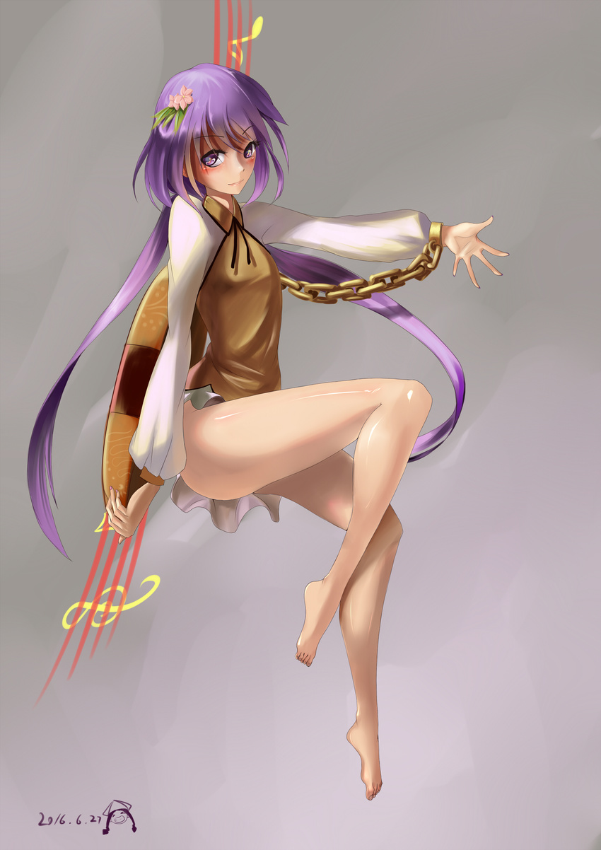 1girl barefoot biwa_lute chains female lavender_eyes lkyo purple_eyes purple_hair touhou tsukumo_benben