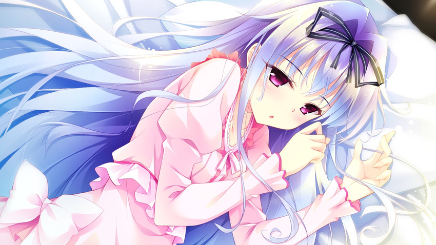 1girl bed blush dress ensemble_(company) female golden_marriage hayakawa_harui highres long_hair marika_von_wittelsbach purple_eyes ribbon solo white_hair