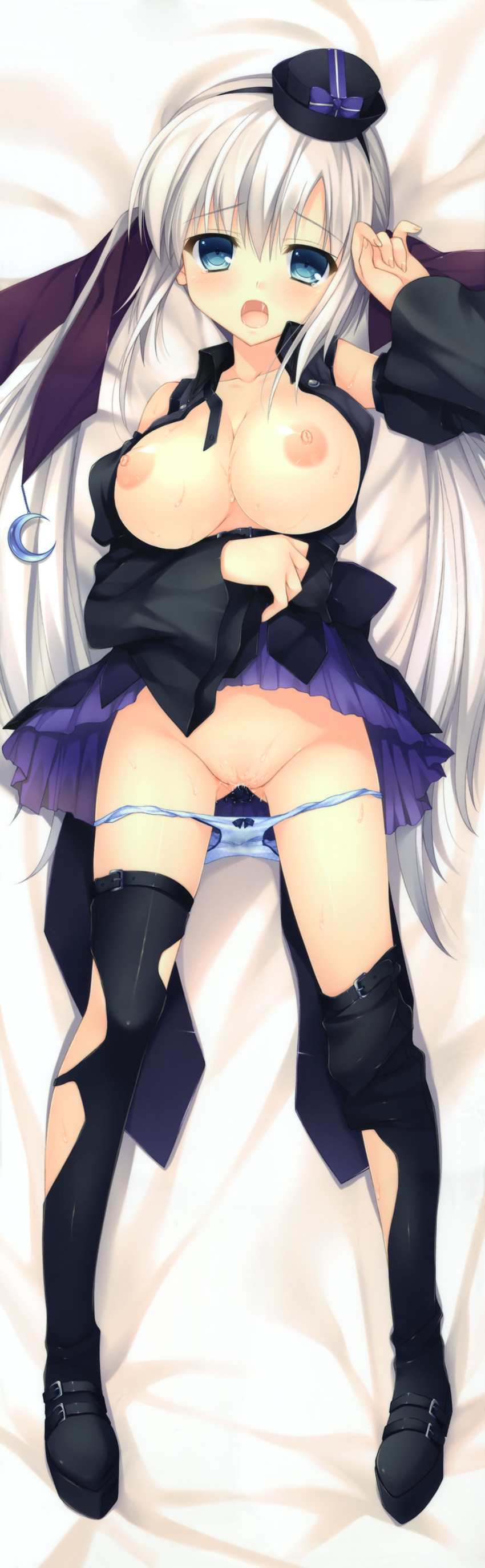 :o absurdres alia's_carnival! arm_up ass_visible_through_thighs bed_sheet black_hat black_legwear blue_eyes blue_panties blush bow bow_panties breasts collarbone dakimakura detached_sleeves dress from_above full_body groin hat highres huge_filesize large_breasts long_sleeves looking_at_viewer looking_up lying mini_hat nanao_naru nipples on_back open_clothes open_dress open_mouth open_vest panties panty_pull pussy pussy_juice sakujitsu_inori saliva saliva_trail scan skirt skirt_lift solo thighhighs torn_clothes torn_legwear twintails unbuttoned underwear vest wet wet_clothes wet_panties white_hair