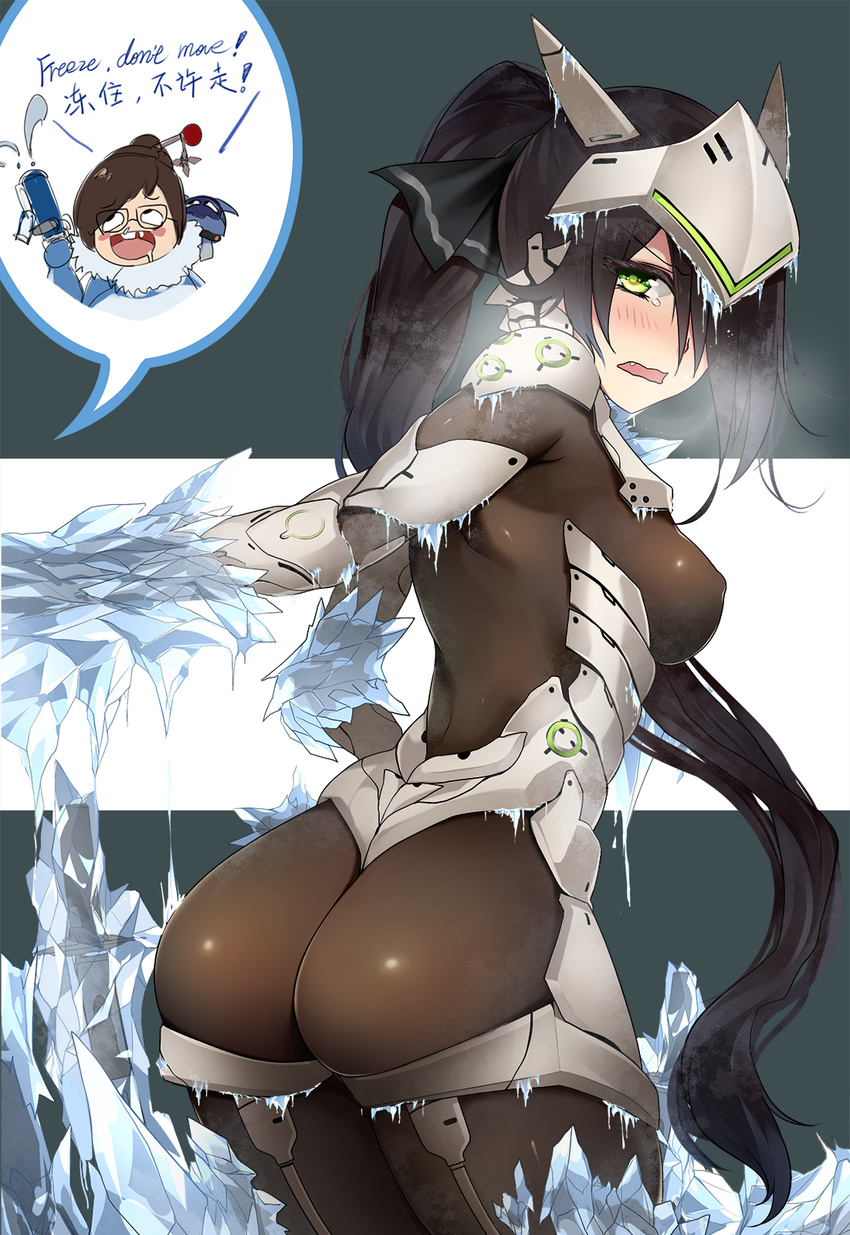 1girl :d :o arm_guards armor ass ass_support back bba1985 beads black-framed_eyewear black_hair blush bodysuit breastplate breasts breath brown_hair chibi chibi_inset covered_nipples cowboy_shot cyborg drooling embarrassed eyebrows eyebrows_visible_through_hair frozen garter_straps genderswap genderswap_(mtf) genji_(overwatch) glasses gun hair_bun hair_ornament hair_over_one_eye hair_ribbon hair_stick headgear highres holding holding_weapon ice large_breasts long_hair looking_at_viewer looking_back mei_(overwatch) one_eye_covered open_mouth outstretched_arm overwatch pauldrons ponytail restrained ribbon robot saliva shiny shiny_clothes smile speech_bubble spoken_person tears thigh_gap thong v-shaped_eyebrows very_long_hair wall-eyed weapon