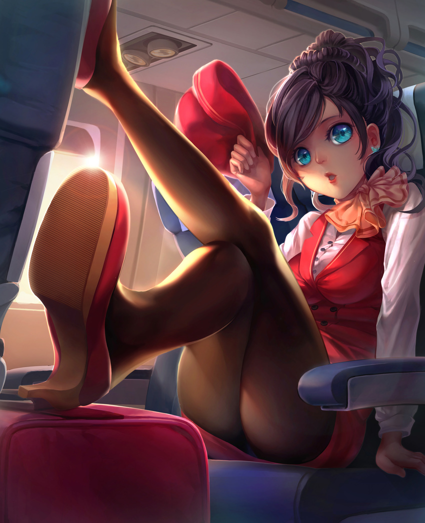 :o absurdres airplane_interior ascot blue_eyes brown_hair brown_legwear butterfly_hair_ornament chiaku foreshortening hair_ornament hair_up hat hat_removed headwear_removed highres holding holding_hat legs_up lens_flare lipstick looking_at_viewer makeup original panties pantyhose pantyshot pantyshot_(sitting) pencil_skirt sitting skirt solo stewardess underwear uniform