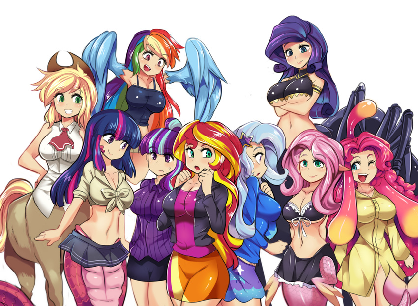 6+girls alternate_breast_size applejack aqua_eyes bangs blonde_hair blue_eyes blue_feathers blue_hair blush breasts centaur centorea_shianus cleavage cowboy_hat crossed_arms crossover eyelashes feathered_wings feathers fluttershy fusion goo_girl green_eyes harpy hat hinghoi lamia large_breasts long_hair mermaid meroune_lorelei midriff miia_(monster_musume) monster_girl monster_musume_no_iru_nichijou multicolored multicolored_hair multiple_girls my_little_pony my_little_pony_equestria_girls my_little_pony_friendship_is_magic navel one_eye_closed open_mouth papi_(monster_musume) personification pink_eyes pink_hair pinkie_pie pointy_ears purple_hair rachnera_arachnera rainbow_dash rainbow_hair rarity red_hair sidelocks simple_background slime smile starlight_glimmer sunset_shimmer suu_(monster_musume) trixie_lulamoon twilight_sparkle two-tone_hair underboob white_background wings