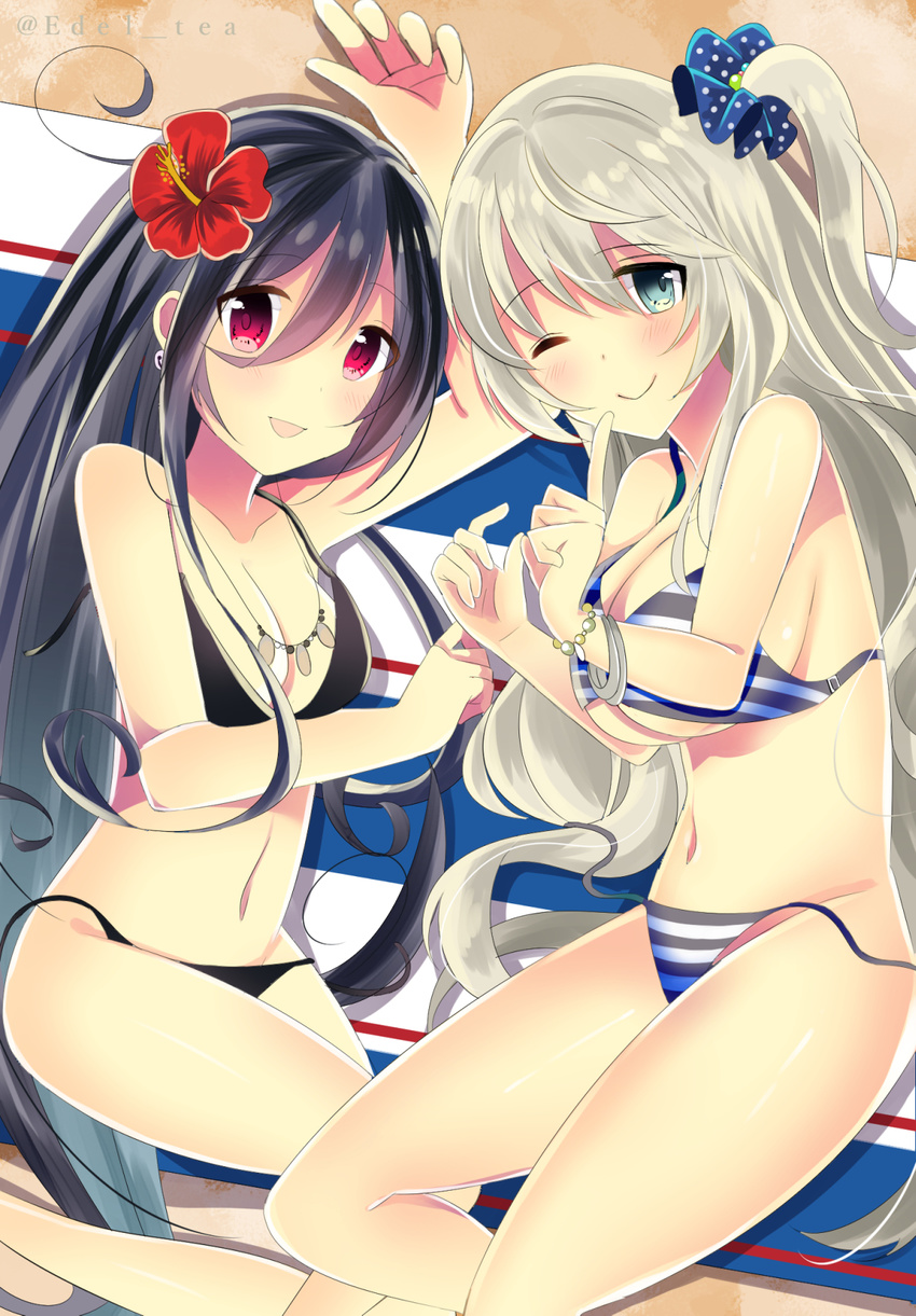 beach_towel bell bell_earrings bikini black_hair bracelet crossover earrings edel_(edelcat) finger_to_mouth flower green_eyes hair_flower hair_ornament hair_scrunchie hibiscus highres index_finger_raised jewelry jingle_bell kazumi_(kazumi_magica) long_hair looking_at_viewer lying mahou_shoujo_kazumi_magica mahou_shoujo_madoka_magica mahou_shoujo_oriko_magica mikuni_oriko multiple_girls necklace on_side one_side_up polka_dot polka_dot_scrunchie red_eyes scrunchie side_ponytail silver_hair striped striped_bikini swimsuit towel twitter_username untied