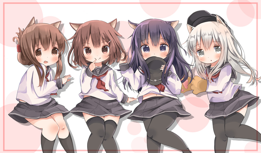 akatsuki_(kantai_collection) anchor_symbol animal_ears arm_at_side bad_id bad_nicoseiga_id black_hat black_legwear blue_eyes border brown_eyes brown_hair cat_ears closed_mouth covering_mouth finger_to_mouth folded_ponytail gloves hair_ornament hairclip hat hat_removed headwear_removed hibiki_(kantai_collection) highres holding holding_hat ikazuchi_(kantai_collection) inazuma_(kantai_collection) kantai_collection kemonomimi_mode long_sleeves looking_at_viewer mugichoko_(mugi_no_choko) multiple_girls navel neckerchief pantyhose paw_gloves paws pink_border pleated_skirt red_neckwear school_uniform serafuku shirt short_hair sidelocks silver_hair sitting skirt smile thighhighs white_shirt zettai_ryouiki