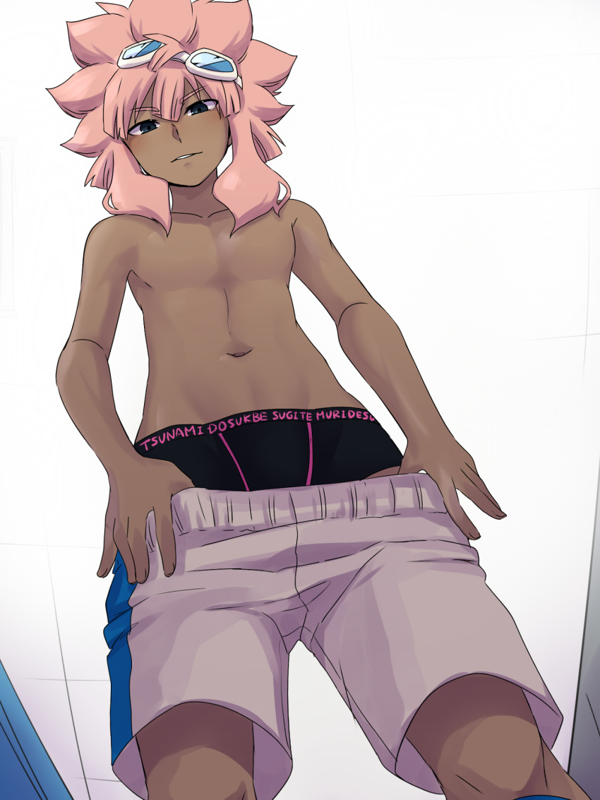 1boy briefs dark_skin dark_skinned_male from_below goggles goggles_on_head highres inazuma_eleven inazuma_eleven_(series) long_hair looking_at_viewer looking_down male_focus navel no_nipples pink_hair shiroabe shirtless shorts smile tsunami_jousuke underwear undressing