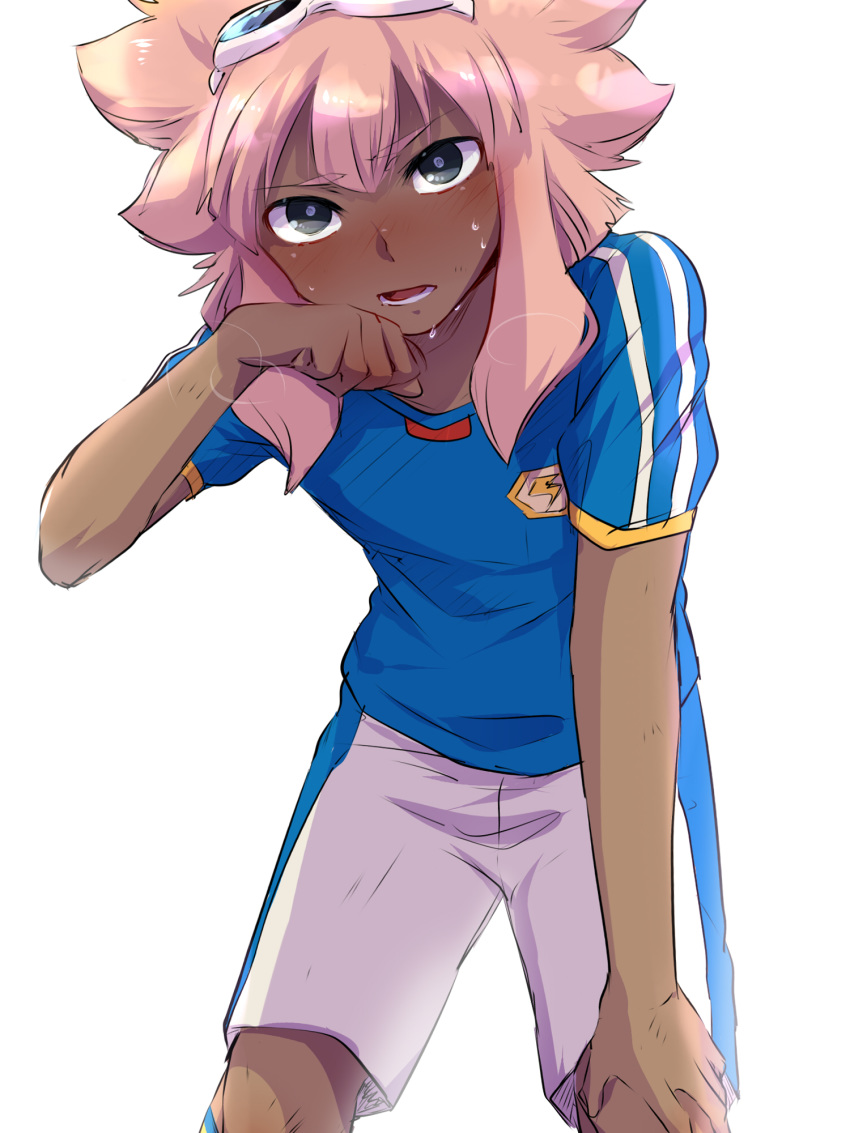 1boy blush dark_skin dark_skinned_male goggles goggles_on_head highres inazuma_eleven inazuma_eleven_(series) long_hair male_focus open_mouth pink_hair shiroabe soccer_uniform sportswear sweat tsunami_jousuke