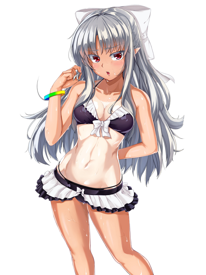 :o absurdres arm_behind_back ban_(bannyata) bangs bikini bikini_skirt blush bow bow_bikini bracelet breasts cleavage collarbone colored_eyelashes contrapposto fang frilled_bikini frills groin hair_bow hair_twirling hand_up highres jewelry layered_bikini legs_apart long_hair looking_at_viewer medium_breasts melty_blood navel one-piece_tan open_mouth parted_bangs pointy_ears red_eyes shiny shiny_hair sidelocks silver_hair slender_waist solo standing sweat swimsuit tan tanline toned transparent_background tsukihime very_long_hair white_bow white_len