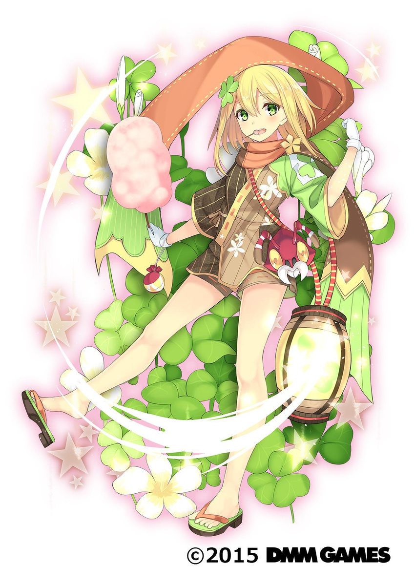 2015 bare_legs blonde_hair clover clover_hair_ornament cotton_candy dreamlight2000 flower_knight_girl food food_in_mouth full_body gloves green_eyes hair_ornament highres katabami_(flower_knight_girl) lantern mouth_hold object_namesake official_art sandals scarf short_hair shorts smile solo standing star white_gloves