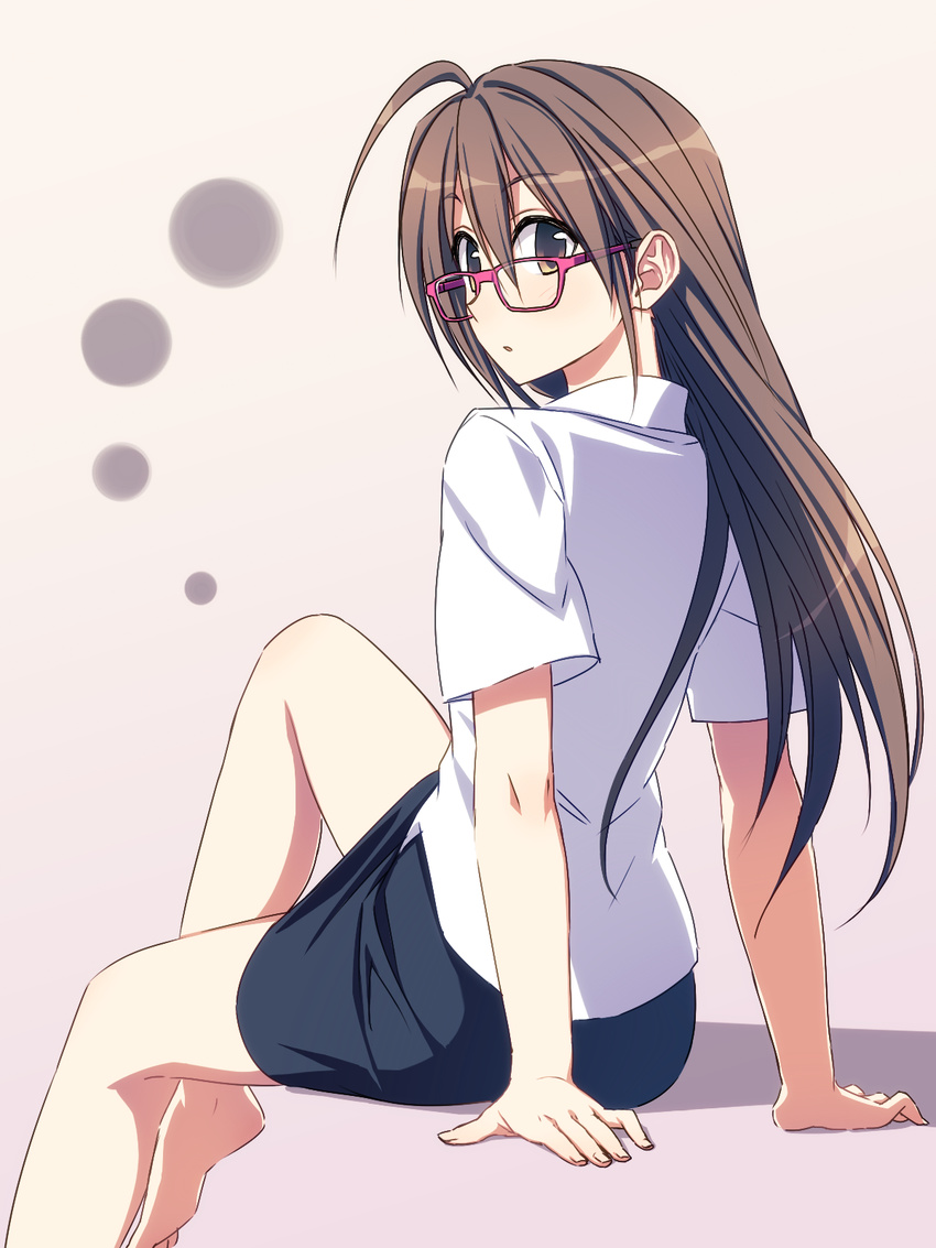 ahoge arm_support bangs bare_legs barefoot brown_eyes brown_hair collared_shirt glasses highres invisible_chair long_hair looking_at_viewer looking_back original parted_lips pencil_skirt red-framed_eyewear shirt short_sleeves sitting skirt solo white_shirt yuuki_keisuke