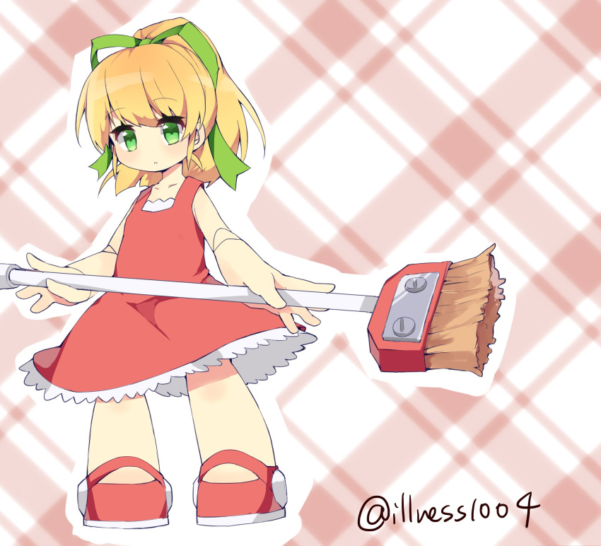 1girl android bangs blonde_hair blush broom capcom child dress eyebrows_visible_through_hair full_body green_eyes hair_ornament hair_ribbon highres holding holding_broom illness1004 long_hair patterned_background ponytail red_dress red_footwear ribbon rockman rockman_(classic) roll sidelocks solo standing twitter_username