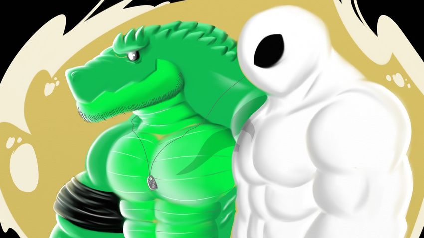 abstract_background alien aliensymbol alligator armband crocodilian digital_media_(artwork) dog_tags duo eye_slit green_scales jewelry kronos_the_alien_(character) male muscular necklace paul_the_gator_(character) reptile scales scalie