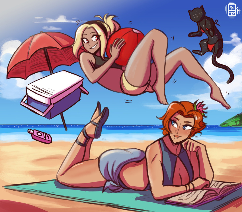 2girls ass bikini blonde_hair castlevania castlevania_iii:_dracula's_curse dark_skin gravity_daze kitten_(gravity_daze) multiple_girls red_eyes scruffyturtles swimsuit sypha_belnades