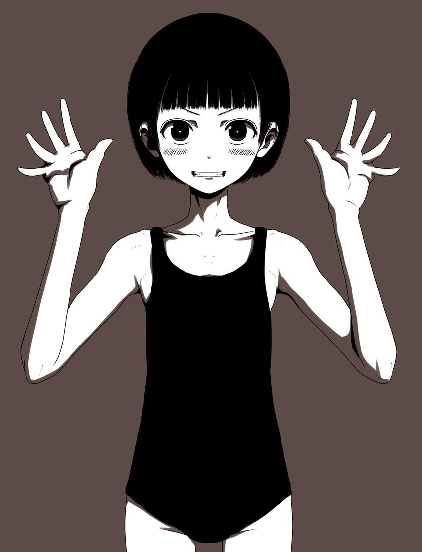 arms_up bangs bare_shoulders black_swimsuit blunt_bangs blush brown_background collarbone cowboy_shot flat_chest greyscale grin hands_up highres looking_at_viewer monochrome one-piece_swimsuit open_mouth original school_swimsuit shokubai_phantom_girl short_hair simple_background smile solo swimsuit teeth white_skin