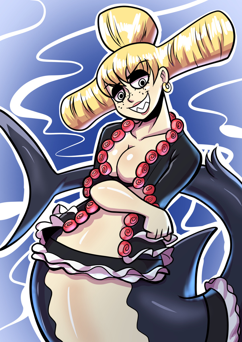 anaugi blonde_hair breasts charlotte_praline cleavage clothed clothing ear_piercing female fish freckles grin hair marine merfolk one_piece piercing shark sharp_teeth solo teeth