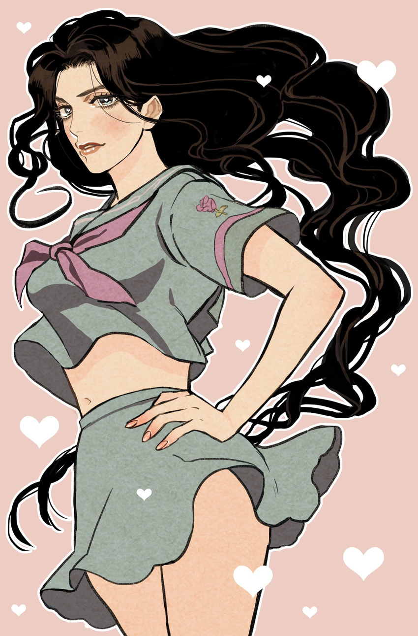 black_hair blue_eyes crop_top eyebrows eyelashes flower hand_on_hip heart heart-shaped_pupils highres jojo_no_kimyou_na_bouken long_hair miniskirt navel rose school_uniform serafuku skirt smile solo supocon symbol-shaped_pupils very_long_hair wavy_hair yamagishi_yukako