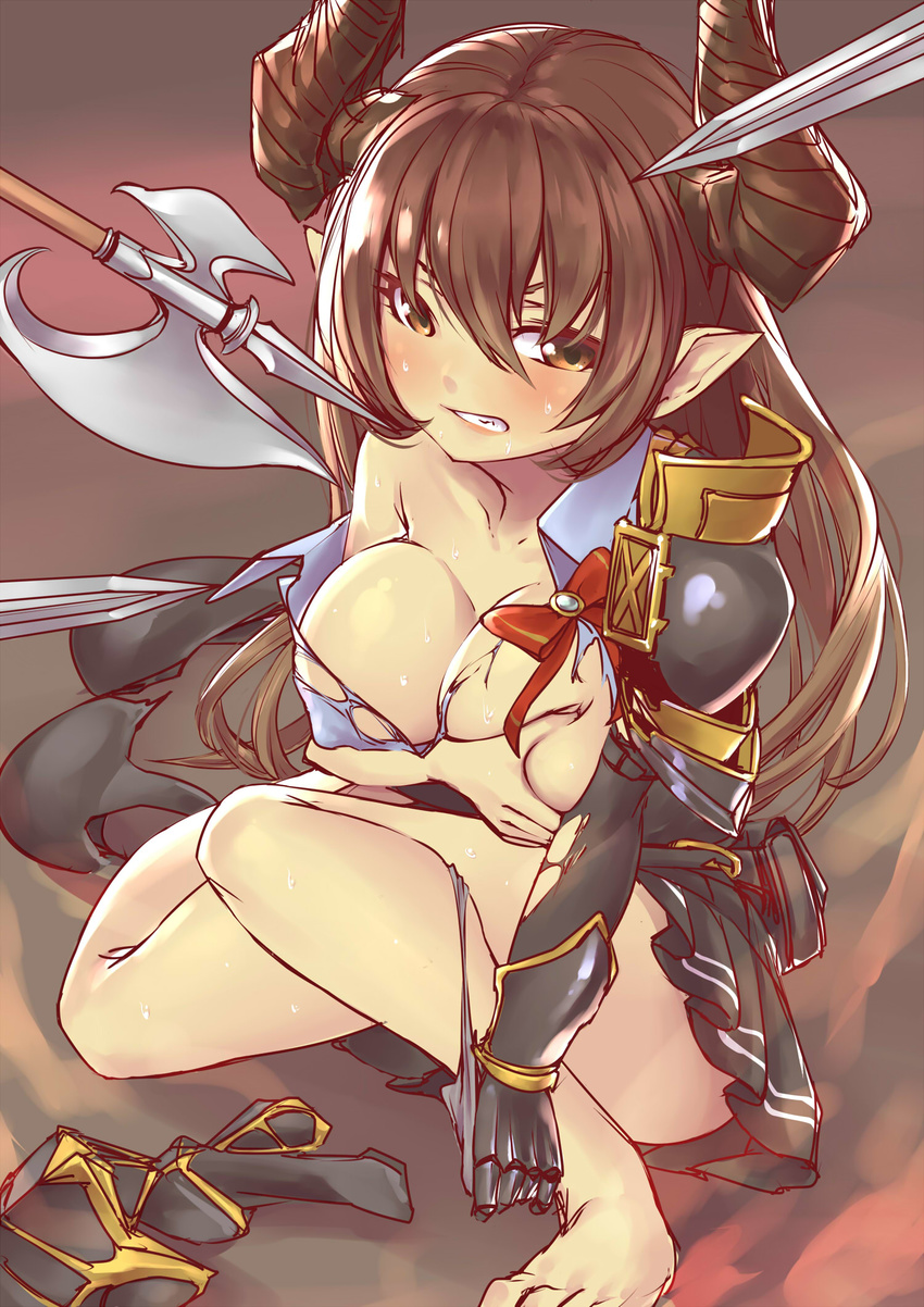 armor armor_removed blush bow bowtie breastplate breasts broken_armor brown_eyes brown_hair commentary_request draph forte_(shingeki_no_bahamut) granblue_fantasy halberd highres horns large_breasts long_hair nukkoru panties panty_pull pauldrons pointy_ears polearm shingeki_no_bahamut shirt skirt solo sword torn_clothes torn_shirt underwear weapon