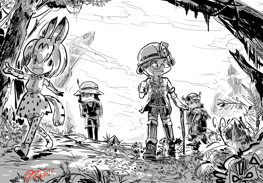 1boy 3girls commentary english_commentary gapangman greyscale hat_feather helmet highres kaban_(kemono_friends) kemono_friends made_in_abyss monochrome multiple_girls pantyhose pith_helmet regu_(made_in_abyss) riko_(made_in_abyss) serval_(kemono_friends) signature tagme thighhighs