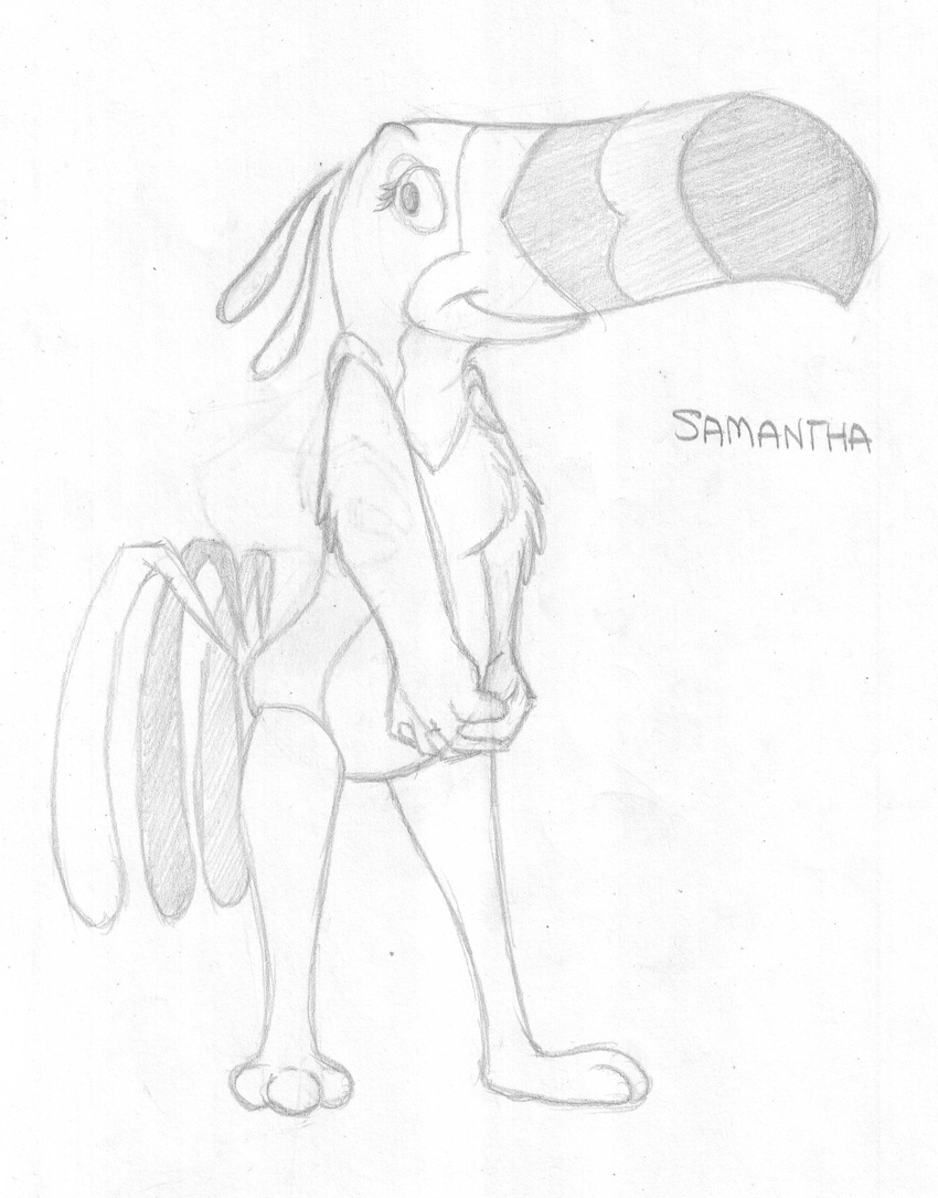 anthro avian beak bird crossgender english_text featureless_crotch female froot_loops mascot mizzyam monochrome pencil_(artwork) solo standing text toucan toucan_sam traditional_media_(artwork) winged_arms wings