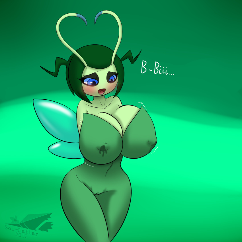 2016 antennae anthro anthrofied big_breasts blue_eyes blush breasts camel_toe celebi clothed clothing dialogue english_text green_background green_hair green_skin hair hi_res huge_breasts insect_wings lactating latiar legendary_pok&eacute;mon long_hair nintendo open_mouth pok&eacute;mon pok&eacute;morph pussy_juice signature simple_background text video_games wide_hips wings