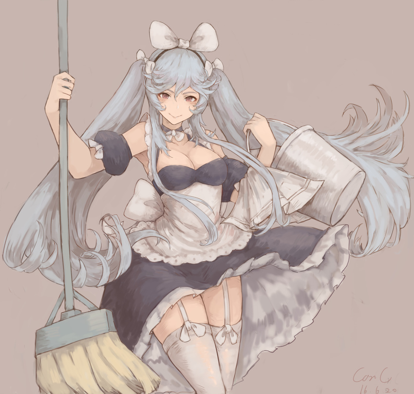 alternate_costume alternate_hairstyle apron bad_id bad_pixiv_id blue_dress breasts broom brown_eyes bucket canc_(carinacan) collarbone cowboy_shot detached_sleeves dress enmaided garter_straps granblue_fantasy hair_between_eyes highres holding holding_broom holding_bucket large_breasts long_hair looking_at_viewer magisa_(granblue_fantasy) maid maid_apron off_shoulder pink_background short_dress silver_hair simple_background smile solo thighhighs twintails very_long_hair white_legwear