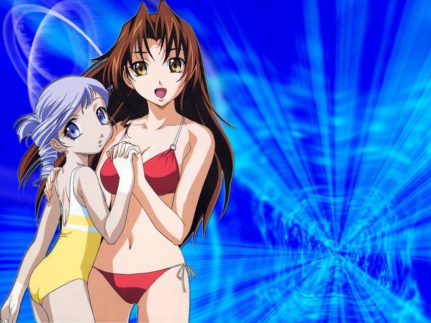 accessory_tan bikini blue_eyes brown_hair eclair_(kiddy_grade) gotou_keiji highres holding_hands interlocked_fingers kiddy_grade long_hair looking_at_viewer lumiere multiple_girls one-piece_swimsuit red_bikini side-tie_bikini swimsuit tan tanline wallpaper yellow_eyes yellow_swimsuit