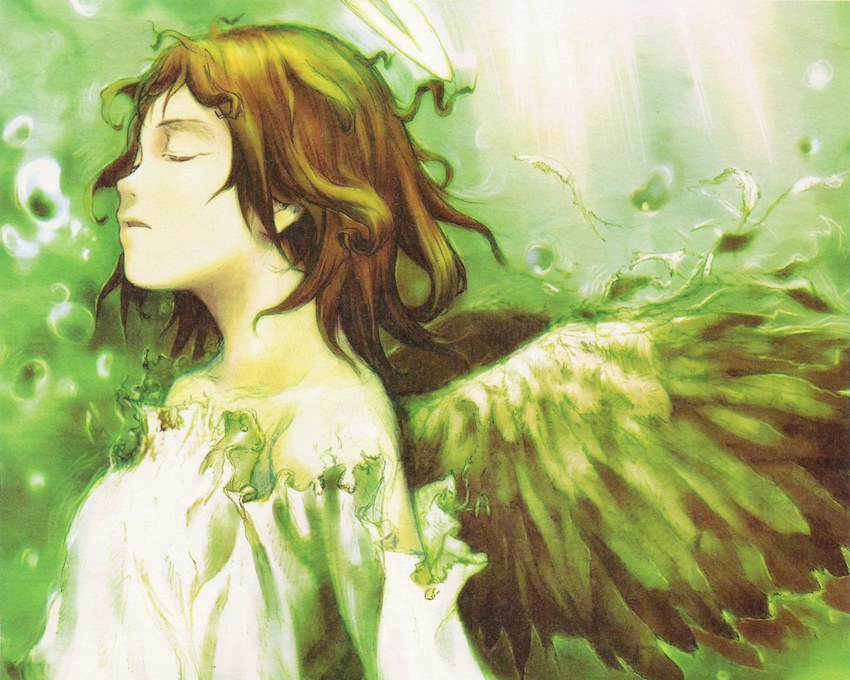 abe_yoshitoshi angel_wings brown_hair closed_eyes haibane_renmei halo messy_hair rakka solo water wings