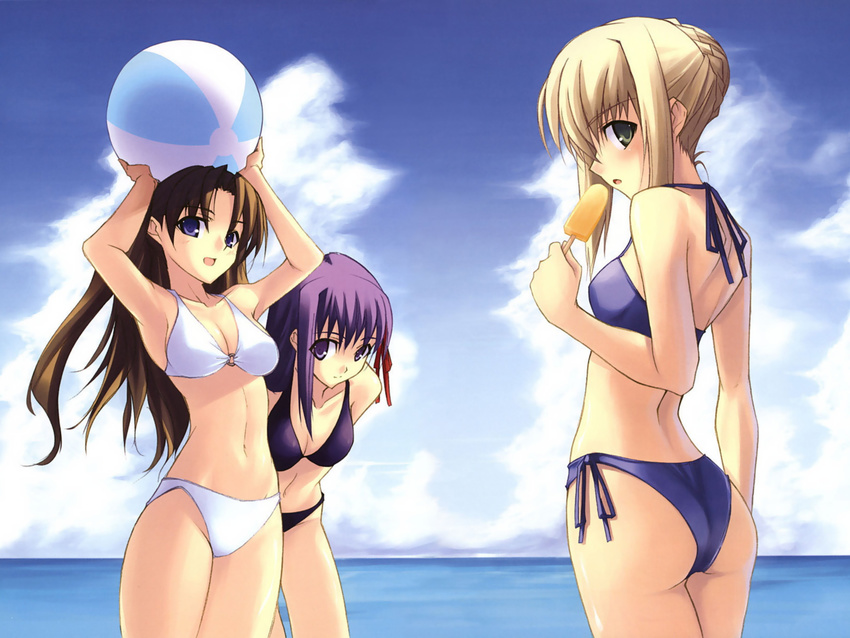 beach bikini fate/stay_night matou_sakura missing_link popsicle saber shingo summer swimsuit tohsaka_rin