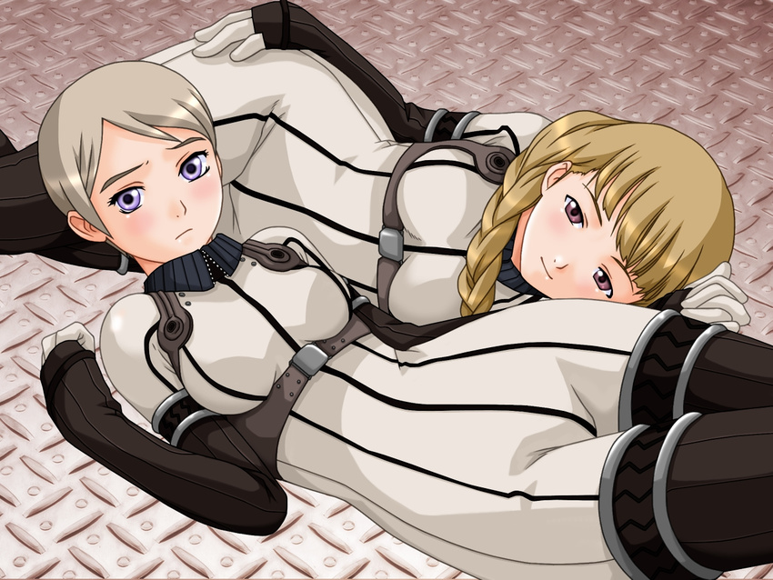 alister_agrew blonde_hair blue_eyes bob_cut bodysuit buzzer count_zero last_exile long_hair multiple_girls pilot_suit red_eyes short_hair silver_hair tatiana_wisla thighhighs uniform