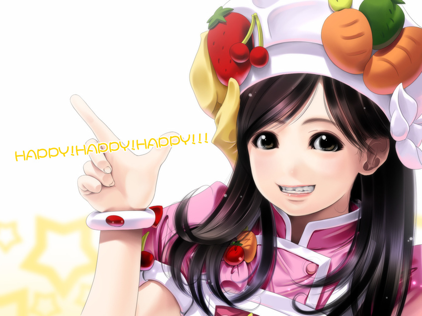 bad_id bad_pixiv_id black_eyes black_hair carrot cherry copyright_request food fruit grin hands highres long_hair smile solo strawberry sumomo_kpa