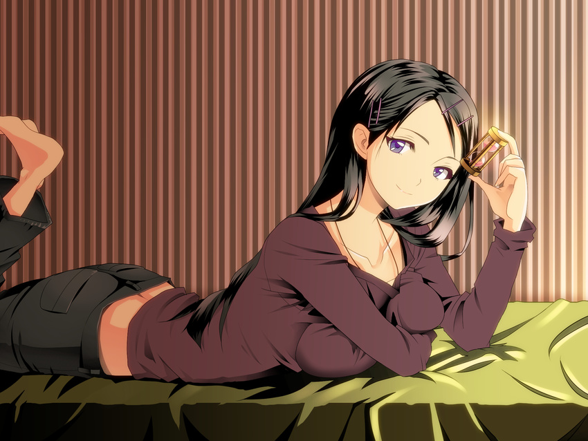 artist_request barefoot bed bed_sheet black_hair black_pants breasts closed_mouth collarbone copyright_request highres holding hourglass large_breasts legs_up long_hair long_sleeves looking_at_viewer lying on_bed on_stomach pants purple_eyes red_sweater smile soles solo striped striped_background sweater the_pose vertical-striped_background vertical_stripes