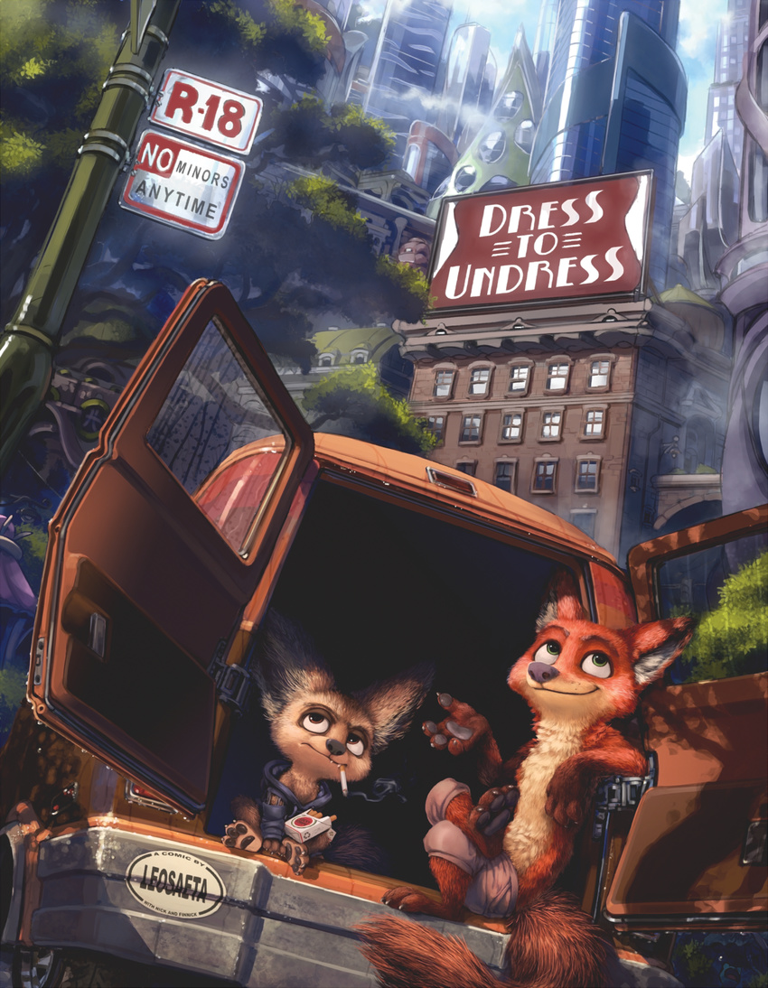 2016 anthro barefoot brown_eyes brown_fur building canine car cigarette city cityscape claws clothed clothing detailed_background disney duo english_text fennec finnick fog fox fur gloves_(marking) green_eyes hi_res inner_ear_fluff lando looking_up male mammal markings multicolored_fur nick_wilde orange_fur pawpads raining seth-iova sign size_difference smile smoking socks_(marking) tan_fur text toe_claws topless tree truck van vehicle zootopia