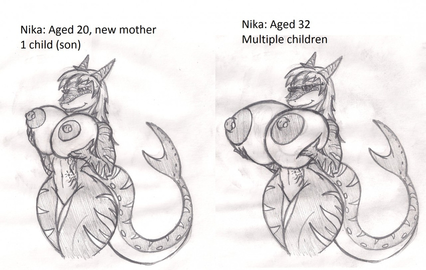 anthro areola big_breasts breasts dragon-heart english_text female fish huge_breasts hyper hyper_breasts marine mature_female monochrome navel nika_sharkeh nipple_piercing nipples piercing shark simple_background smile solo standing text thick_thighs traditional_media_(artwork) wide_hips