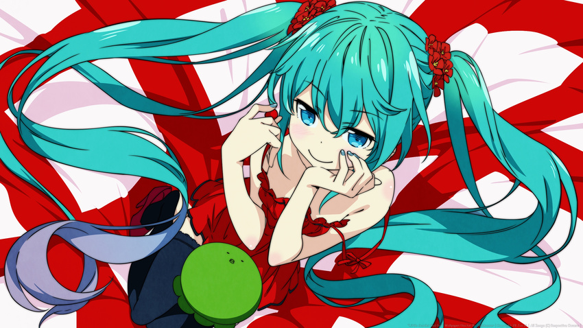 aqua_eyes aqua_hair blush dress hatsune_miku kanzaki_hiro long_hair twintails vocaloid