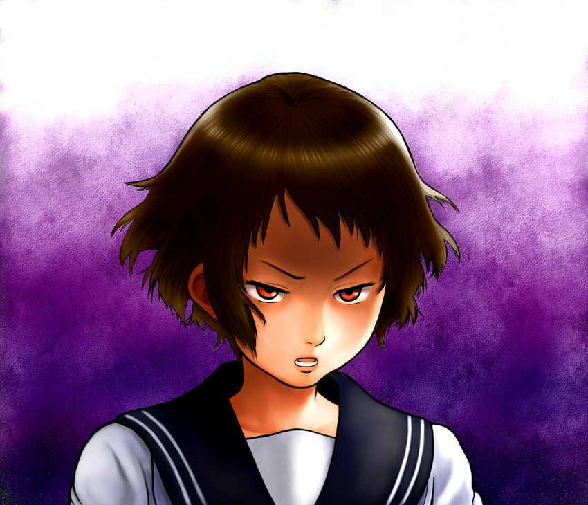 bad_id bad_pixiv_id brown_hair highres hyouka ibara_mayaka open_mouth portrait purple_background red_eyes school_uniform serafuku short_hair solo torajiro250