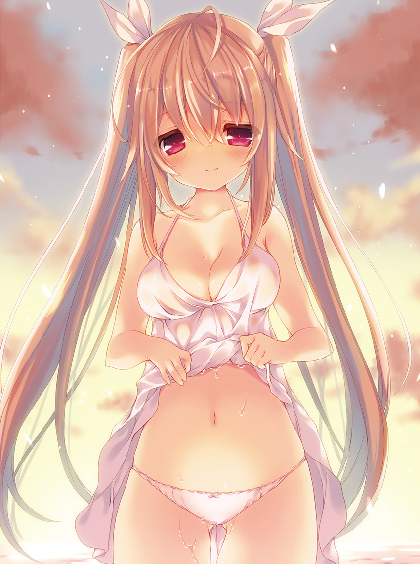 ahoge ass_visible_through_thighs bare_shoulders blush bow bow_panties breasts cleavage cowboy_shot dengeki_moeou dress dress_lift hair_between_eyes highres light_brown_hair long_hair looking_at_viewer medium_breasts navel outdoors p19 panties pink_eyes smile solo sunset thigh_gap twintails underwear very_long_hair wet wet_clothes wet_dress white_dress white_panties