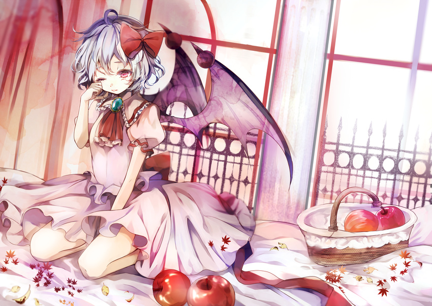 apple ascot basket bat_wings blue_hair bow food fruit hair_bow hair_ornament leaf maple_leaf no_hat no_headwear one_eye_closed puffy_sleeves red_eyes remilia_scarlet ribbon shirt short_hair short_sleeves sitting skirt skirt_set solo touhou ukita_uuko wings