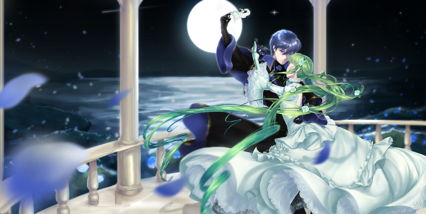 1girl altar black_jacket blue_eyes blue_flower blue_hair blur blurry cantarella_(vocaloid) dancing depth_of_field doblemjwn domino_mask dress falling_star flower frilled_dress frills full_moon gloves green_hair hatsune_miku highres holding jacket kaito long_hair mask moon motion_blur night night_sky ocean petals pillar rose sky star star_(sky) starry_sky twintails very_long_hair vocaloid waves white_dress white_flower