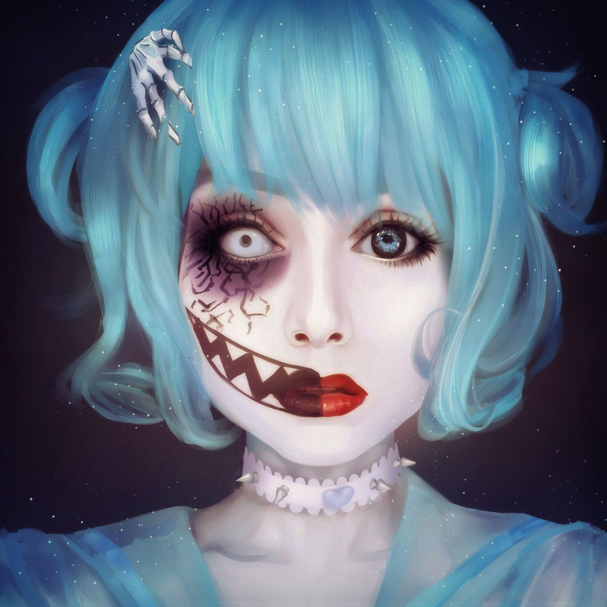 anzujaamu bangs black_background blue_eyes blue_hair bone choker close-up collarbone cosplay expressionless eyeshadow face facial_mark facial_scar heart heart_choker heterochromia highres koarai lips lipstick makeup nose original pale_skin parted_lips photo-referenced portrait real_life red_lipstick scar see-through short_hair simple_background skeleton sky solo spiked_choker spikes split_theme teeth white_choker white_skin