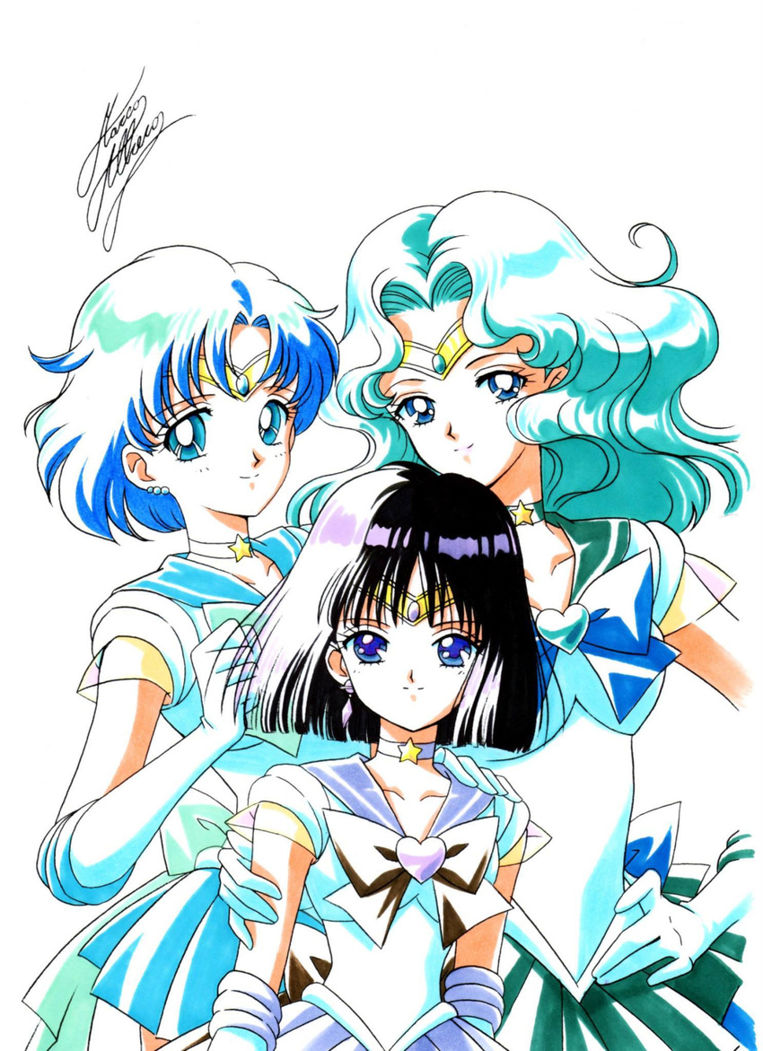 aqua_hair bishoujo_senshi_sailor_moon black_hair blue_bow blue_eyes blue_hair blue_sailor_collar blue_skirt bow brooch brown_bow choker cowboy_shot earrings elbow_gloves gloves green_skirt hand_on_hip highres jewelry kaiou_michiru looking_at_viewer marco_albiero marker_(medium) mizuno_ami multiple_girls pleated_skirt purple_eyes purple_sailor_collar purple_skirt sailor_collar sailor_mercury sailor_neptune sailor_saturn sailor_senshi sailor_senshi_uniform short_hair signature skirt smile star star_choker super_sailor_mercury super_sailor_neptune super_sailor_saturn tiara tomoe_hotaru traditional_media white_background white_gloves