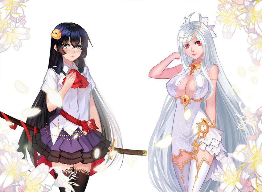 ahoge arms_behind_back bird_hair_ornament black_hair black_legwear blush breasts cleavage closed_mouth collared_shirt cowboy_shot douyougen dress floral_background flower grey_hair hair_ornament hand_on_own_chest head_tilt huge_breasts katana lace lace-trimmed_thighhighs lily_(flower) long_hair medium_breasts multiple_girls original red_eyes red_ribbon ribbon sheath sheathed shirt short_sleeves sword thighhighs very_long_hair weapon white_background white_dress white_legwear white_shirt wing_collar yellow_eyes