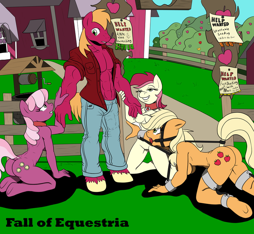 2014 2016 abs absurd_res anthro anthrofied applejack_(mlp) ball_gag barn big_macintosh_(mlp) bridle cheerilee_(mlp) clothing collar cutie_mark earth_pony english_text equine fall_of_equestria female fence friendship_is_magic gag group hi_res horse kneeling male mammal muscular my_little_pony nude outside pony poprocks pussy rose_(mlp) shackles slave text tree well wheat