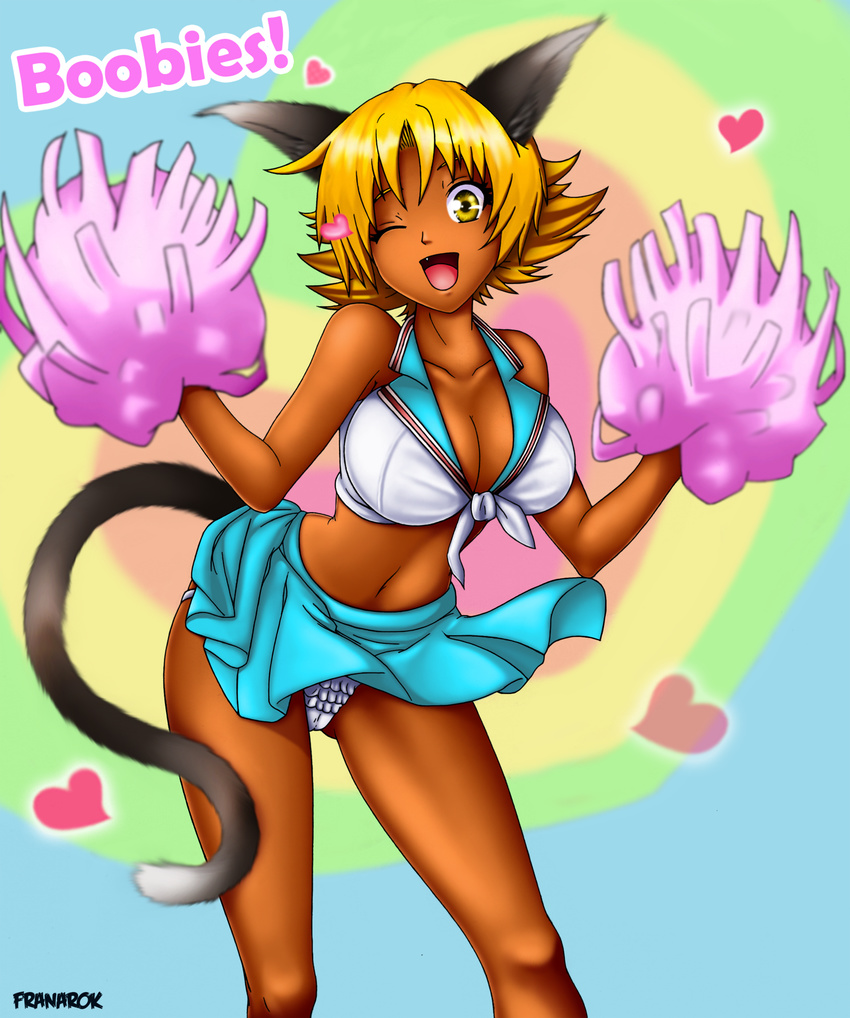 &lt;3 2015 abstract_background animal_humanoid bent_over big_breasts blonde_hair breasts camel_toe cat_humanoid cheerleader cleavage clothed clothing cute_fang feline female franarok hair hi_res humanoid inner_ear_fluff mammal midriff navel one_eye_closed open_smile panties pom_poms short_hair skimpy solo text underwear wink yellow_eyes