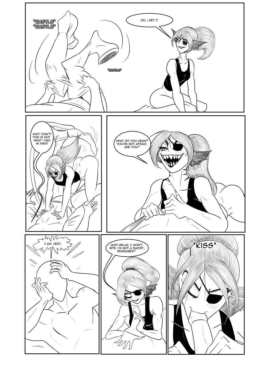 black_and_white bottomless breasts captainjingo clothed clothing eye_patch eyewear fellatio femael female fish gills hair human male male/female mammal marine monochrome monster open_mouth oral penis penis_kissing sex sharp_teeth smile teeth undertale undressing undyne video_games