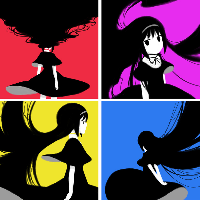 akemi_homura ange_(angeban93) black_eyes black_hair bow dress expressionless from_behind funeral_dress hairband highres homulilly long_hair mahou_shoujo_madoka_magica mahou_shoujo_madoka_magica_movie profile purple_background red_background simple_background solo very_long_hair yellow_background