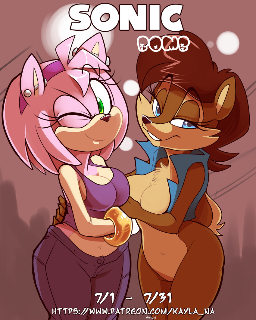2016 amy_rose anthro big_breasts breasts chipmunk cleavage clothed clothing duo female hedgehog kayla-na mammal rodent sally_acorn sonic_(series)