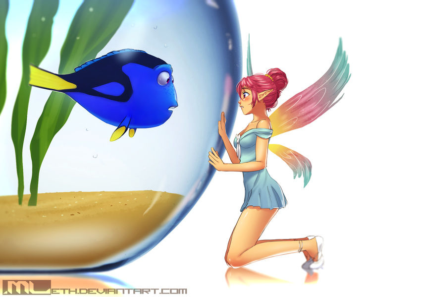 against_glass anklet bangs bare_legs bare_shoulders blue_dress breasts commentary crossover dory_(finding_nemo) dress erylia_(mathias_leth) eye_contact fairy fairy_wings finding_nemo fish fishbowl flats from_side hair_bun highres jewelry kneeling looking_at_another mathias_leth minigirl no_socks off-shoulder_dress off_shoulder original pink_hair pixar plant pleated_dress pointy_ears profile reflective_floor sand shoes short_dress short_hair small_breasts surgeonfish watermark web_address white_footwear wings