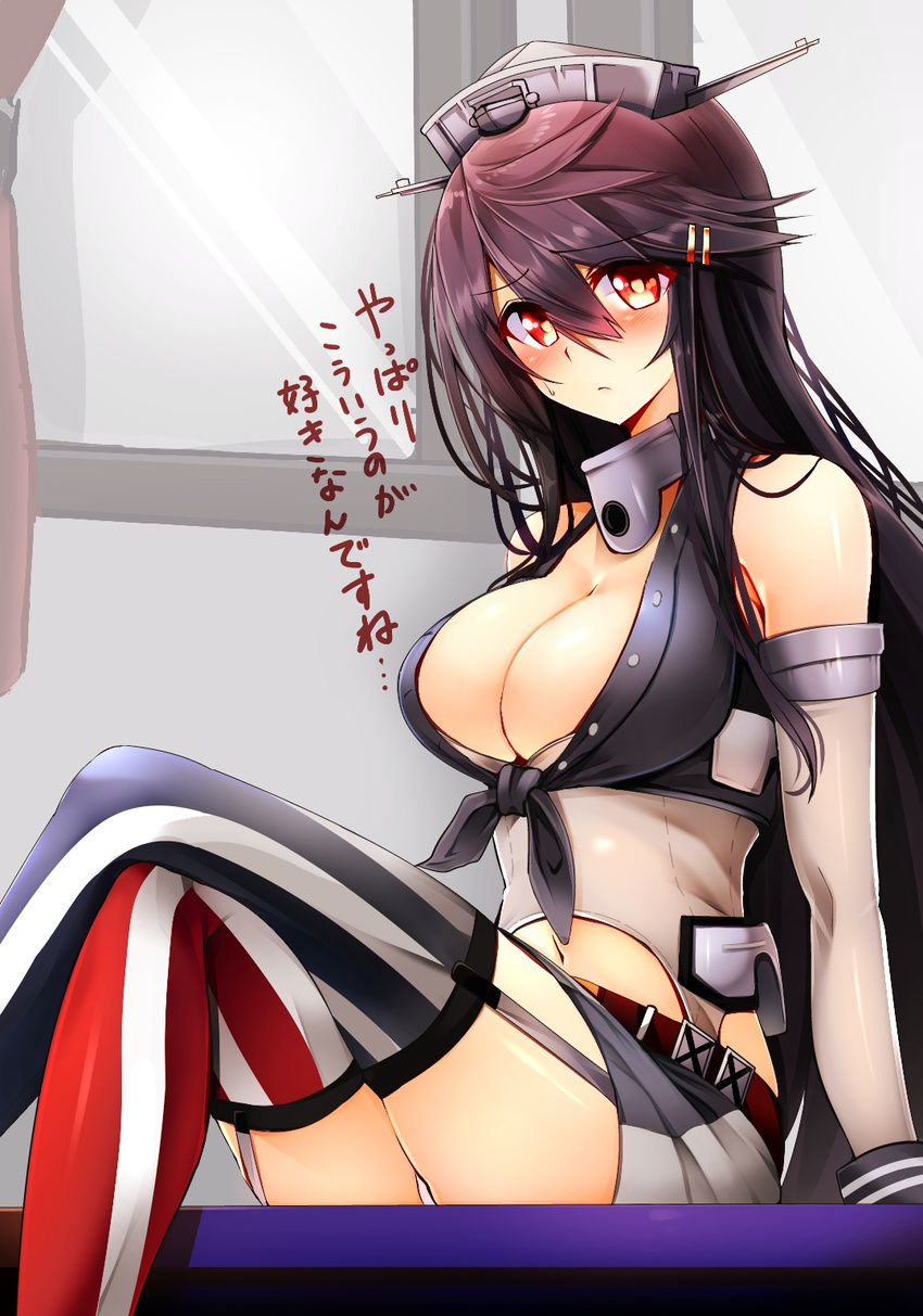 alternate_costume american_flag american_flag_legwear arm_support black_hair blush breasts brown_eyes cleavage commentary_request cosplay crop_top crossed_legs detached_sleeves elbow_gloves eyebrows_visible_through_hair from_side front-tie_top garter_straps gloves hair_between_eyes halterneck haruna_(kantai_collection) highres iowa_(kantai_collection) iowa_(kantai_collection)_(cosplay) kantai_collection large_breasts long_hair looking_at_viewer miniskirt mismatched_legwear navel navel_cutout panties pencil_skirt sitting skirt solo striped striped_legwear thighhighs thighs translated tsukui_kachou underwear vertical-striped_legwear vertical_stripes very_long_hair white_panties